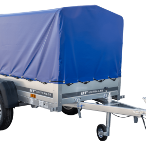 Anhänger Garden Trailer 200 KIPP 200×106 cm 750 kg mit Hochspriegel, blauer Hochplane und Stützrad