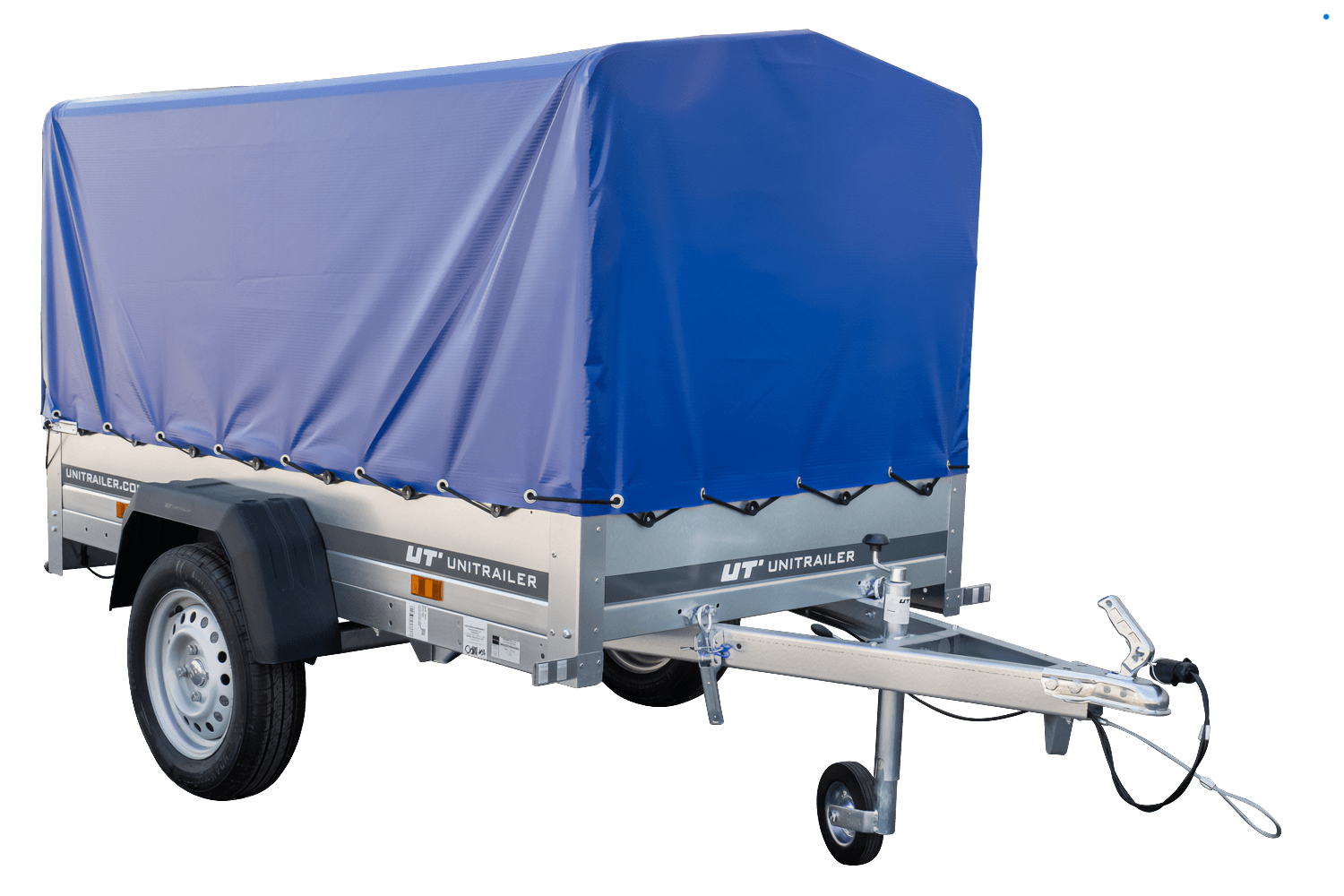 Anhänger Garden Trailer 200 KIPP 200×106 cm 750 kg mit Hochspriegel, blauer Hochplane und Stützrad