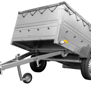 Pkw Anhänger kippbar 750 kg GARDEN TRAILER 201 KIPP mit zusätzlichen Bordwänden, Stützrad und grauer Flachplane