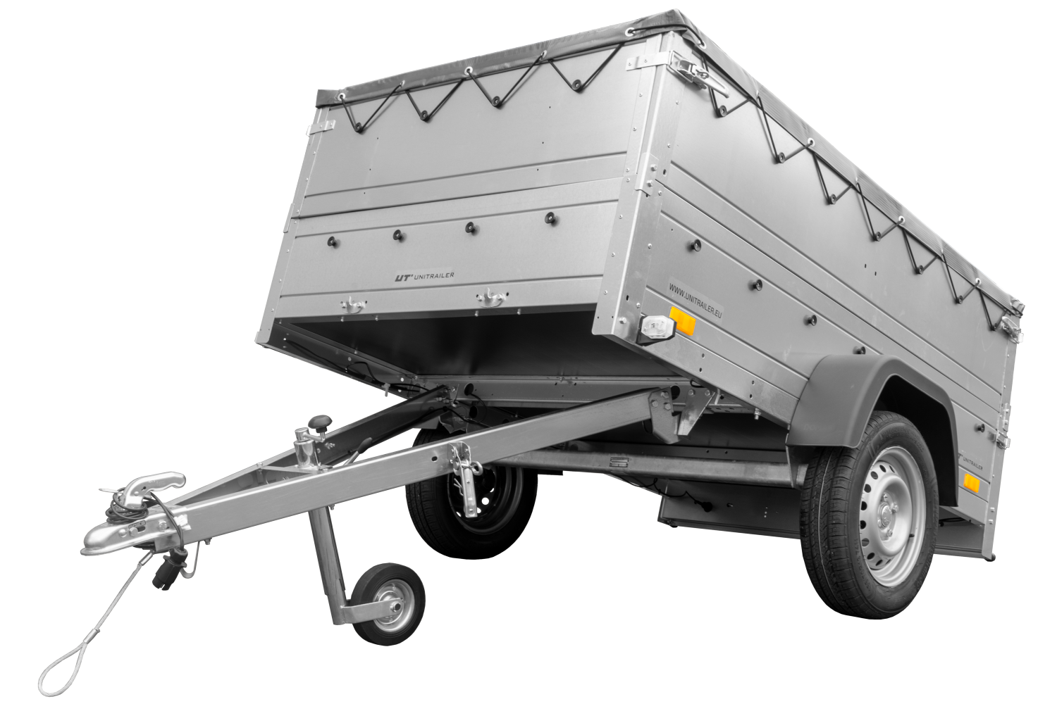 Pkw Anhänger kippbar 750 kg GARDEN TRAILER 201 KIPP mit zusätzlichen Bordwänden, Stützrad und grauer Flachplane