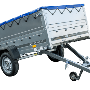 Anhänger mit faltbarer Deichsel GARDEN TRAILER 230 KIPP mit zusätzlichen Bordwänden, Stützrad und blauer Flachplane