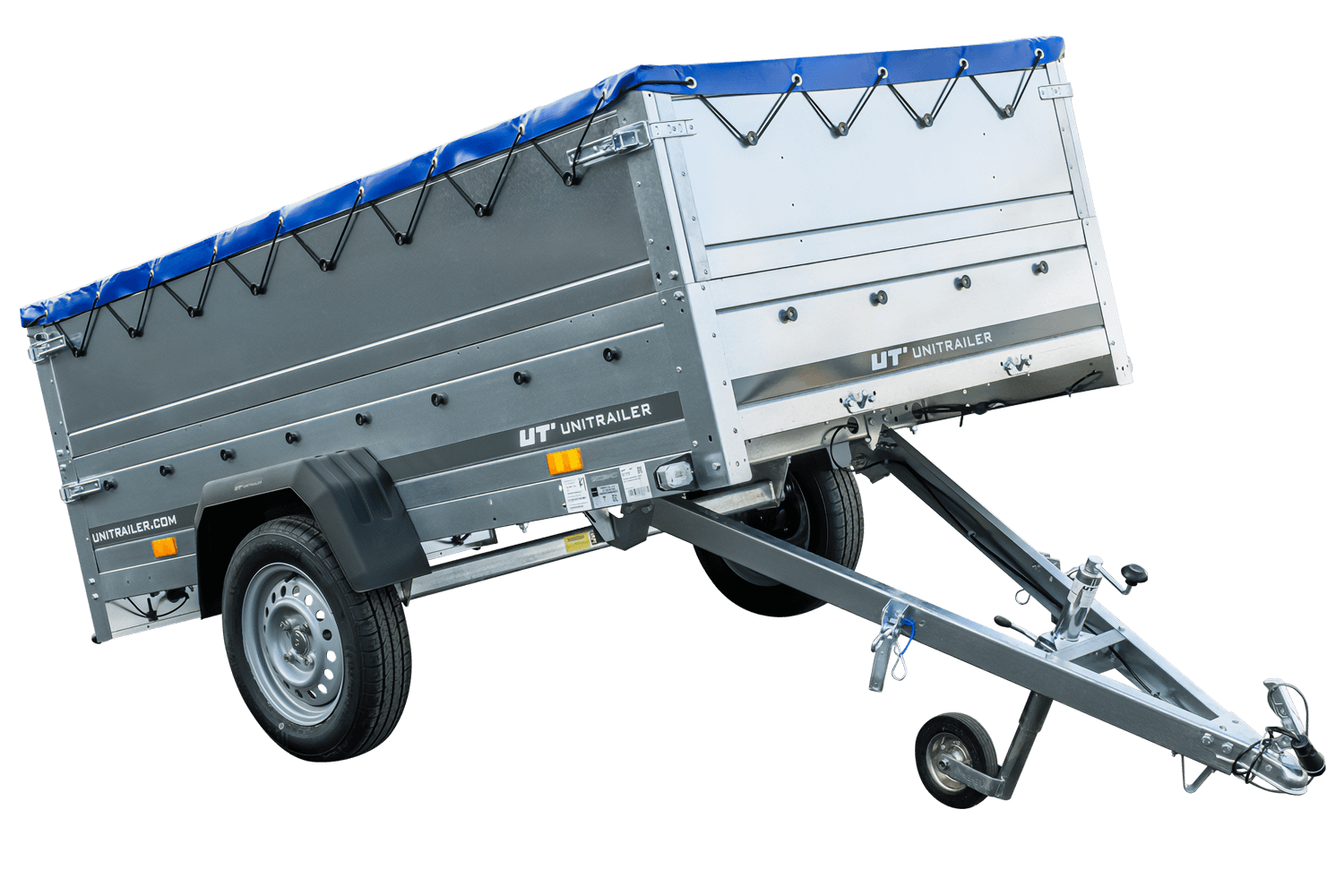 Anhänger mit faltbarer Deichsel GARDEN TRAILER 230 KIPP mit zusätzlichen Bordwänden, Stützrad und blauer Flachplane