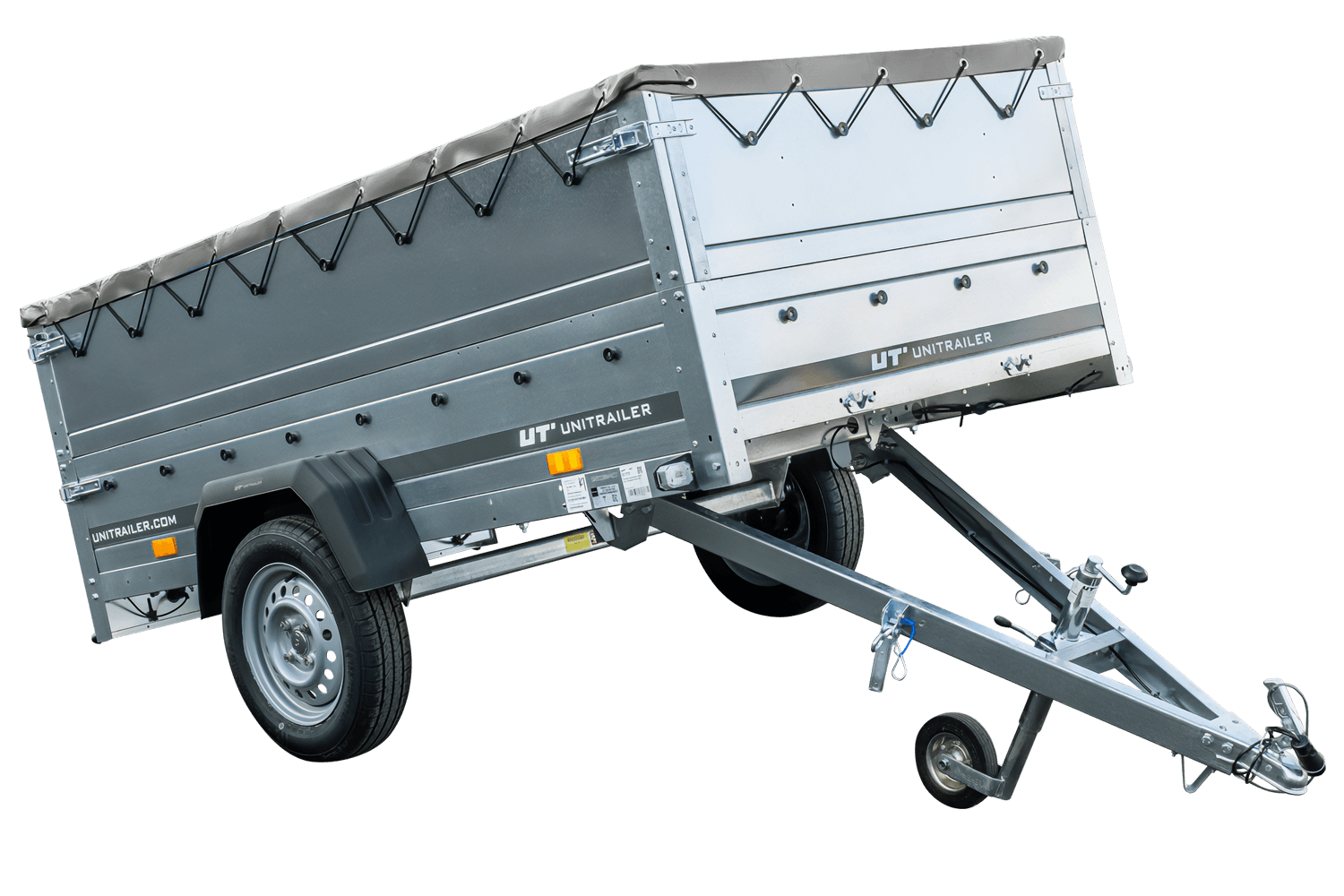 Faltbarer Pkw Anhänger Garden Trailer 230 KIPP mit zusätzlichen Bordwänden, Stützrad, Flachplane und Planenträgern