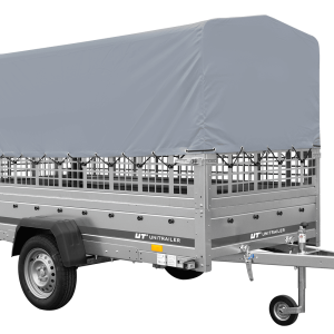 1-Achs-Anhänger GARDEN TRAILER 264 KIPP mit Laubgitteraufsatz, grauer Hochplane, Hochspriegel und Stützrad