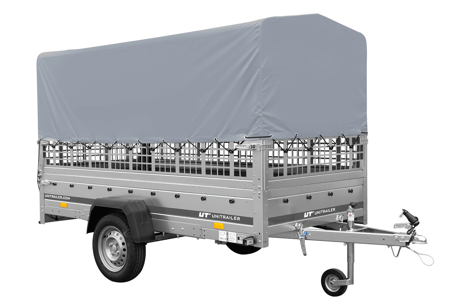 1-Achs-Anhänger GARDEN TRAILER 264 KIPP mit Laubgitteraufsatz, grauer Hochplane, Hochspriegel und Stützrad