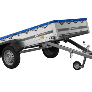EINACHS-TIEFLADER GARDEN TRAILER 264 KIPP MIT STÜTZRAD, QUERSTREBEN UND BLAUER FLACHPLANE