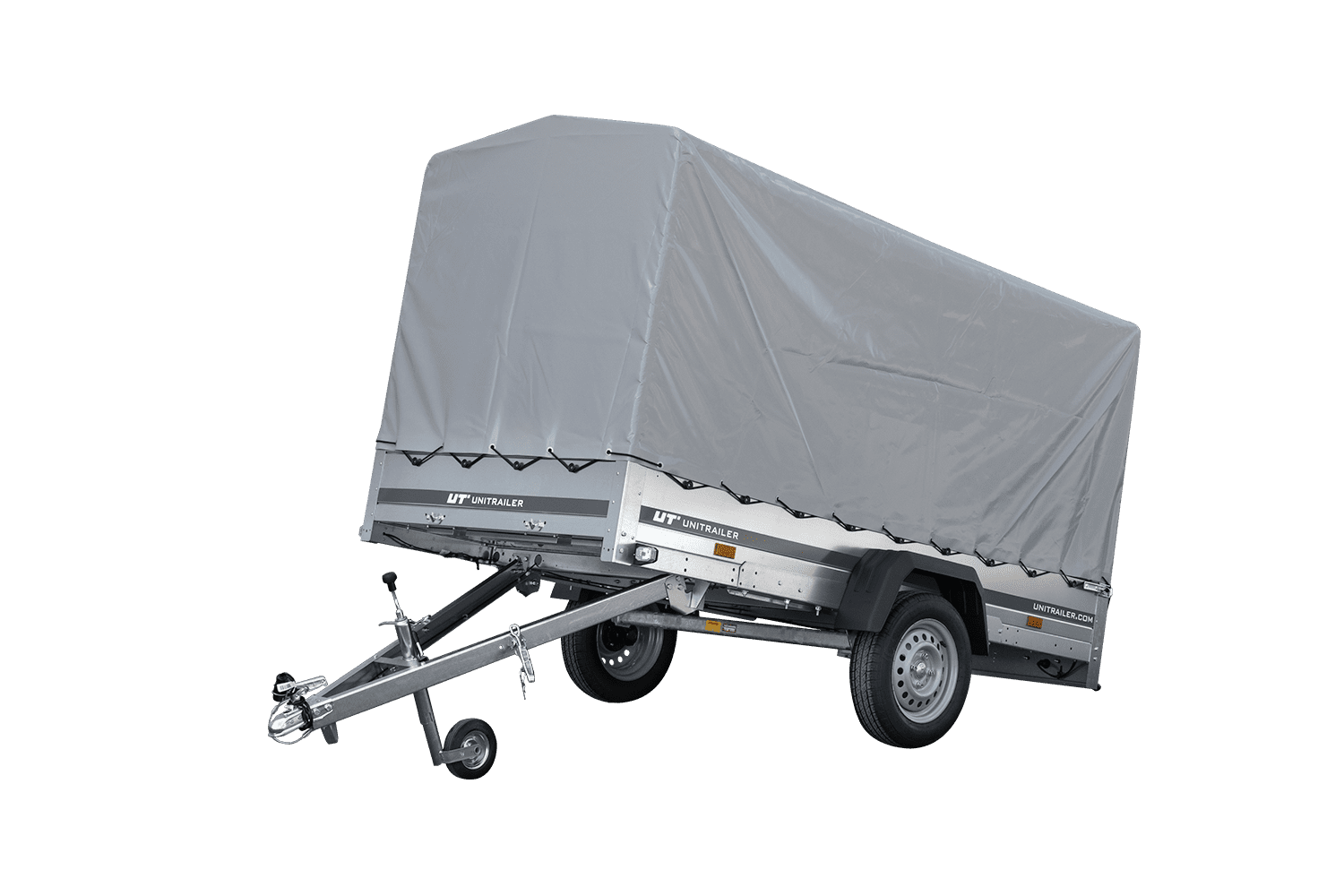 GARDEN TRAILER 264 KIPP MIT STÜTZRAD, H1100-HOCHSPRIEGEL UND GRAUER PLANE