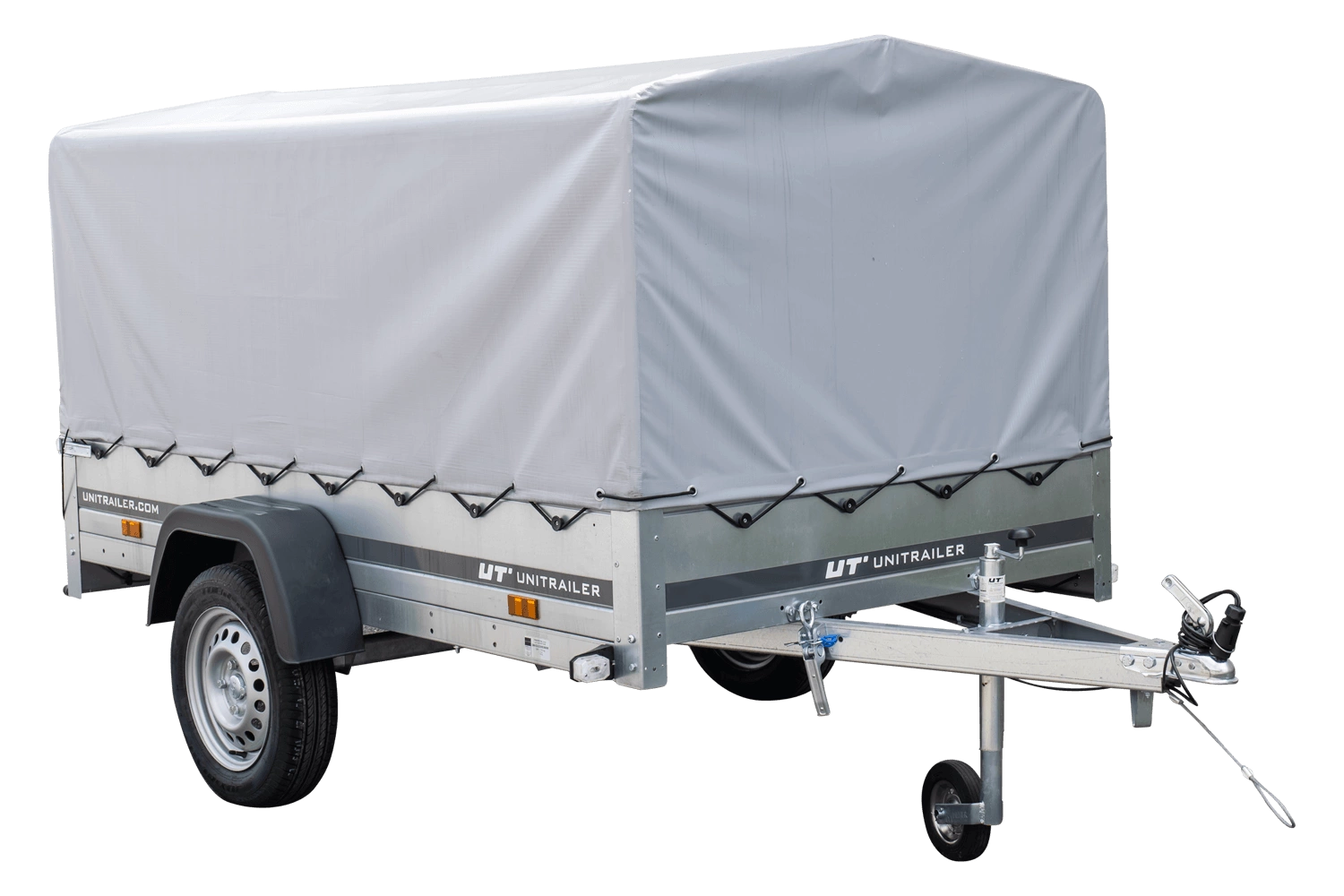 Einachsanhänger auf Blattfedern 230×125 UNITRAILER GARDEN 230/R KIPP mit H-800-Rahmen und grauer Plane