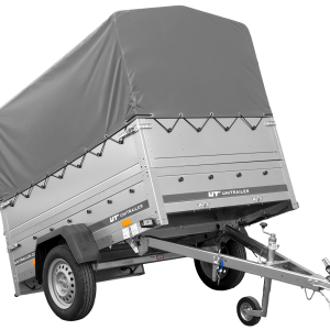 Autotransportanhänger 200×125 UNITRAILER GARDEN 201 KIPP mit BIS-Seitenwänden, H-800-Rahmen und grauer Plane