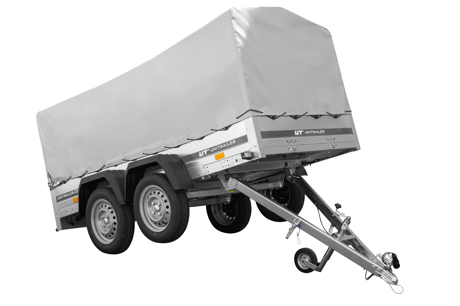 UNITRAILER GARDEN TRAILER ANHÄNGER 264/2 KIPP MIT STÜTZRAD, SPRIEGEL UND GRAUER PLANE