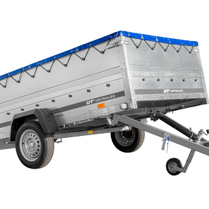 Einachsanhänger 264×150 UNITRAILER GARDEN 265 KIPP mit zusätzlichen Bordwänden, H-0-Rahmen und blauer Plane