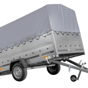 Einachsanhänger 264×150 UNITRAILER GARDEN 265 KIPP mit zusätzlichen Bordwänden, H-800-Rahmen und grauer Plane