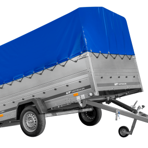 Einachsanhänger 264×150 UNITRAILER GARDEN 265 KIPP mit zusätzlichen Bordwänden, H-800-Hochspriegel und blauer Plane