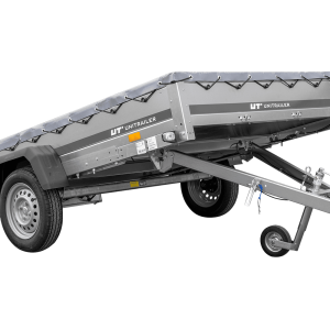 PKW Anhänger 264×150 UNITRAILER GARDEN 265 KIPP mit Flachplanenträger und grauer Plane