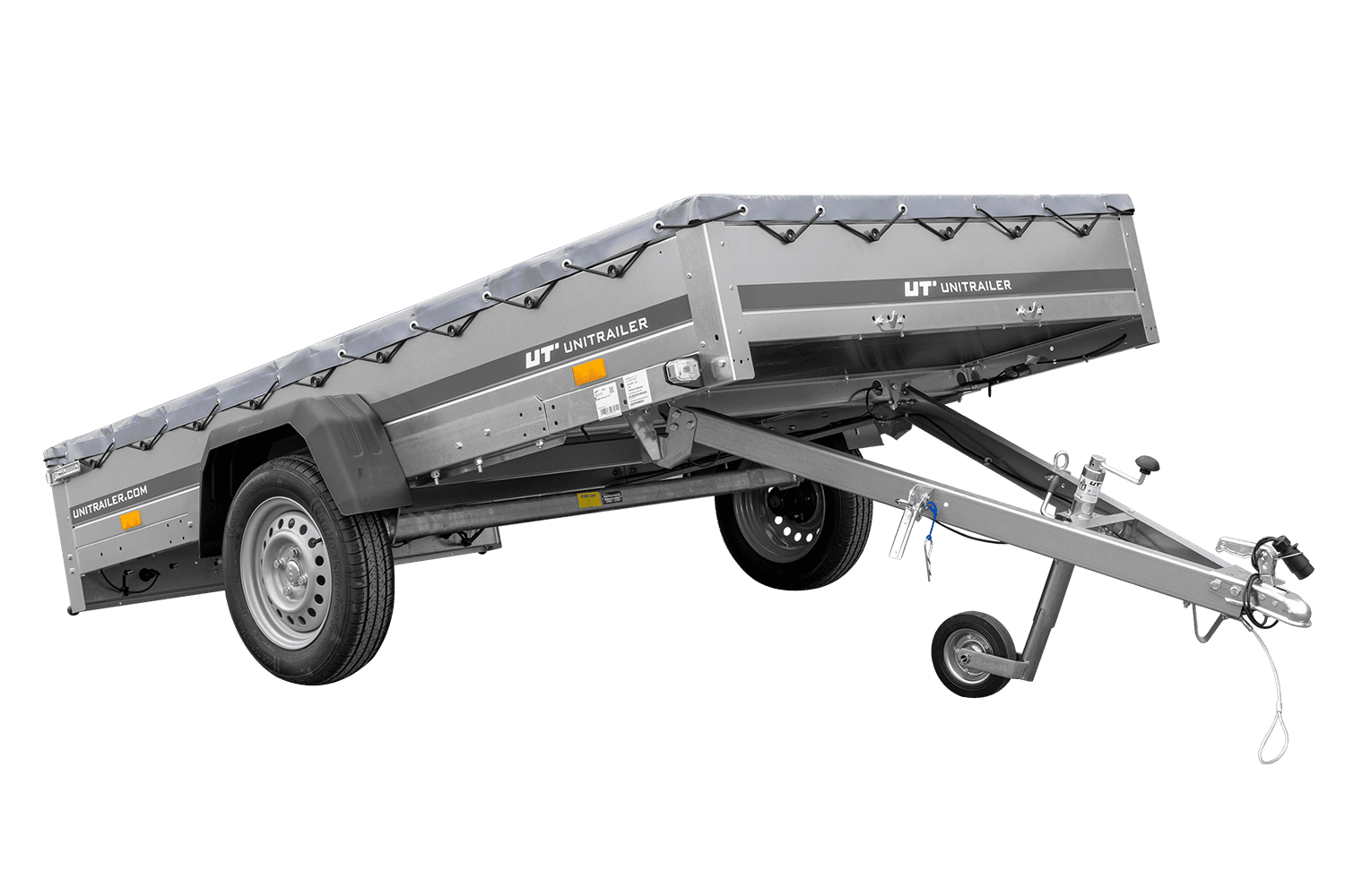 PKW Anhänger 264×150 UNITRAILER GARDEN 265 KIPP mit Flachplanenträger und grauer Plane