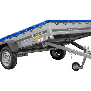 Einachsanhänger 264×150 UNITRAILER GARDEN 265 KIPP mit einem Flachplanenträger und blauer Plane