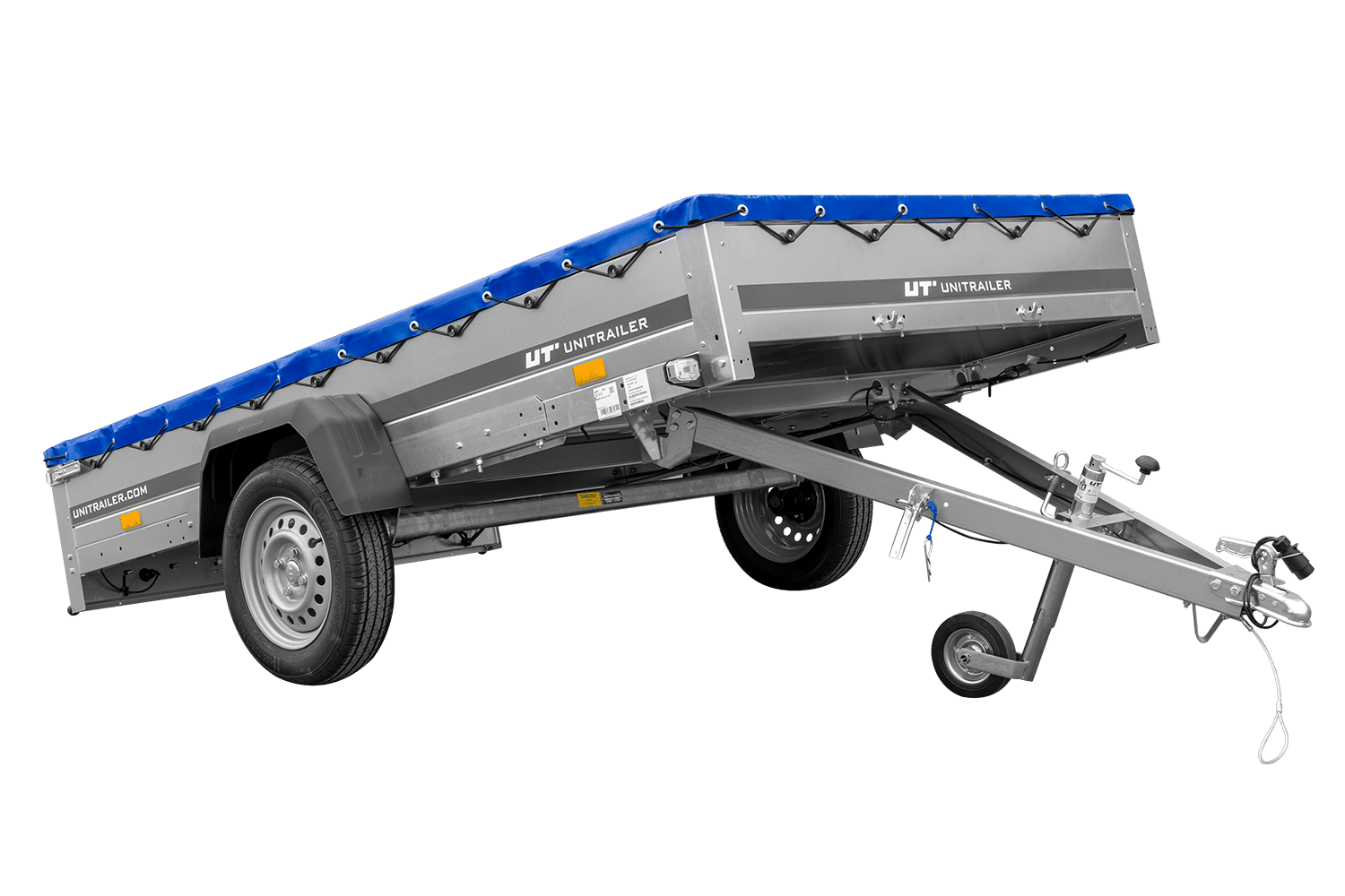 Einachsanhänger 264×150 UNITRAILER GARDEN 265 KIPP mit einem Flachplanenträger und blauer Plane