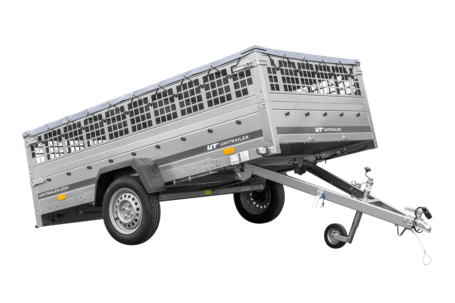Anhänger 264×150 UNITRAILER GARDEN 265 KIPP mit Gitterwänden, H-0-Rahmen und grauer Plane