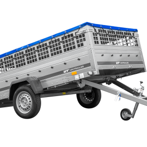 Anhänger 264×150 UNITRAILER GARDEN 265 KIPP mit Gitteraufsatz, Flachplanenträgern und blauer Plane