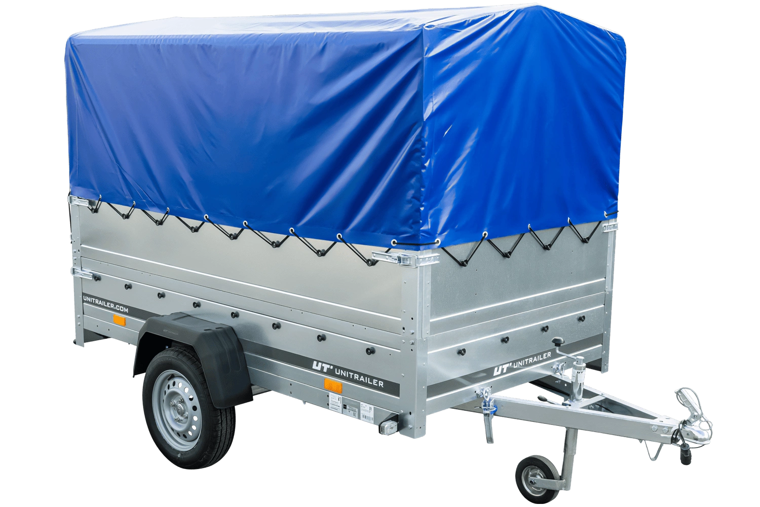 Einachsanhänger auf Blattfedern 230×125 UNITRAILER GARDEN 230/R KIPP mit BIS-Seiten, H-800-Rahmen und blauer Plane
