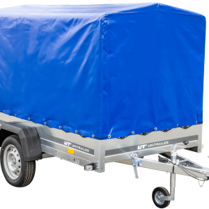PKW-Anhänger auf Blattfedern 230×125 UNITRAILER GARDEN 230/R KIPP mit H-1100 Rahmen und blauer Plane