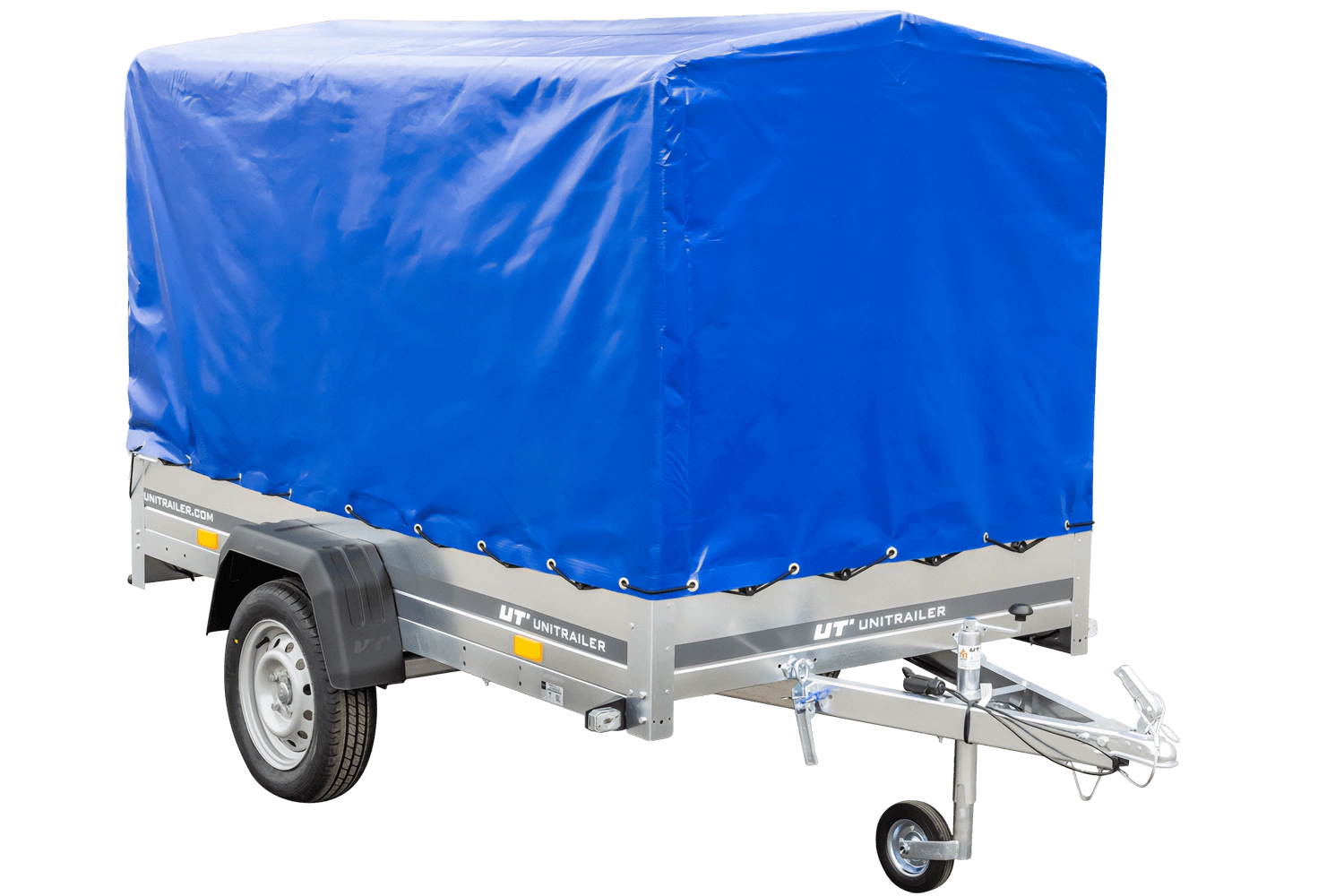 PKW-Anhänger auf Blattfedern 230×125 UNITRAILER GARDEN 230/R KIPP mit H-1100 Rahmen und blauer Plane