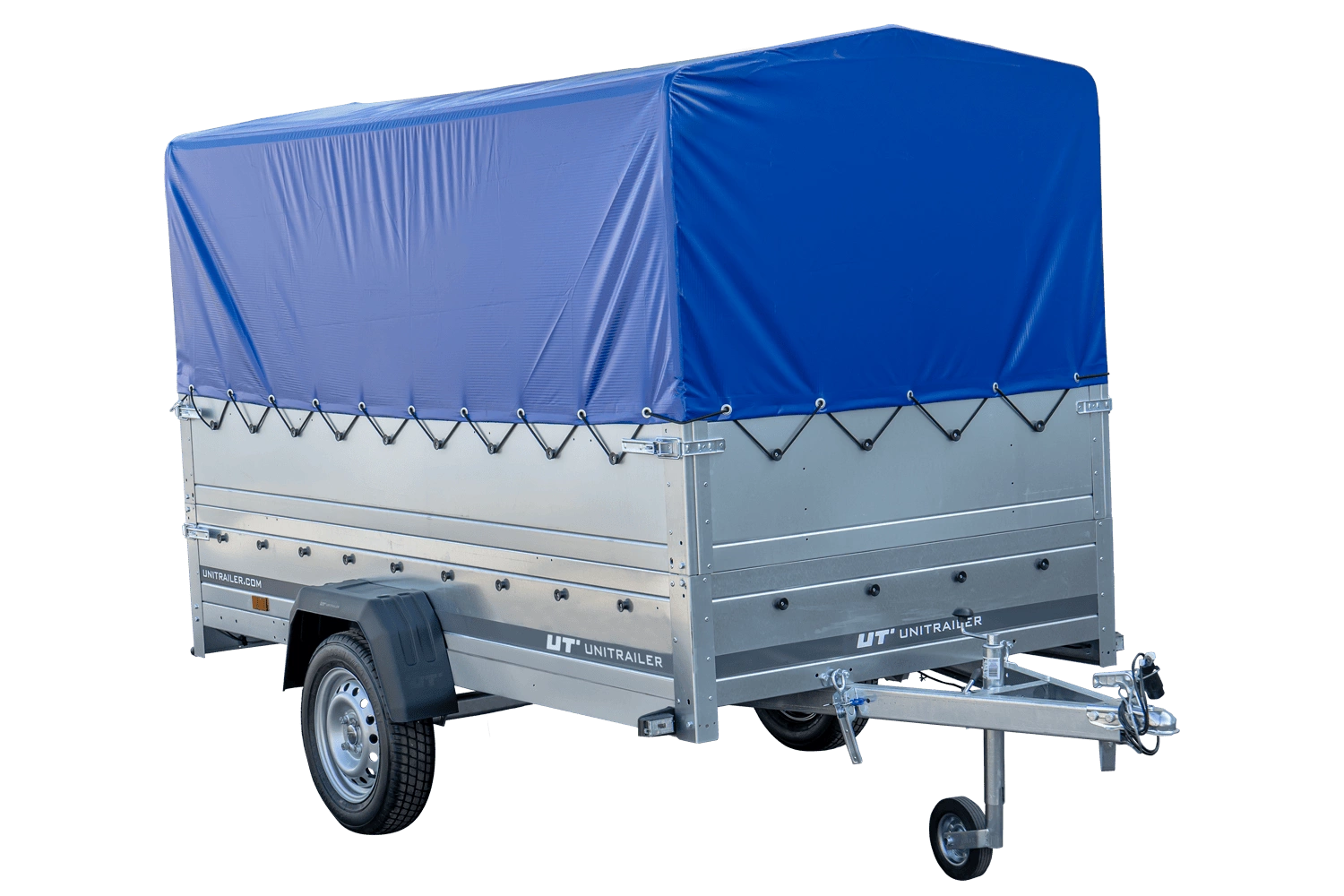 PKW-Anhänger auf Federn 264×125 UNITRAILER GARDEN 264/R KIPP mit BIS-Seiten, H-800-Rahmen und blauer Plane