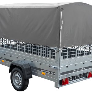PKW-Anhänger auf Federn 230×125 UNITRAILER GARDEN 230/R KIPP mit Netzwänden, H-800-Rahmen und grauer Plane