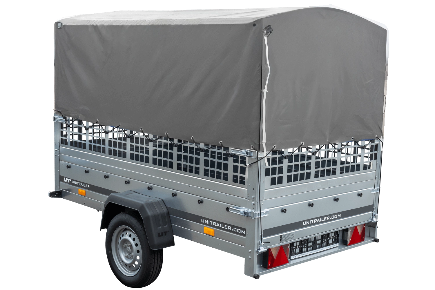 PKW-Anhänger auf Federn 230×125 UNITRAILER GARDEN 230/R KIPP mit Netzwänden, H-800-Rahmen und grauer Plane