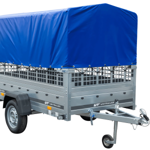 PKW-Anhänger auf Federn 230×125 UNITRAILER GARDEN 230/R KIPP mit Gitterwänden, H-800-Rahmen und blauer Plane