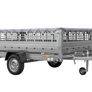 Leichter Anhänger auf Blattfedern 264×150 UNITRAILER GARDEN 265/R KIPP mit Gitterwänden, H-0 Rahmen und grauer Plane