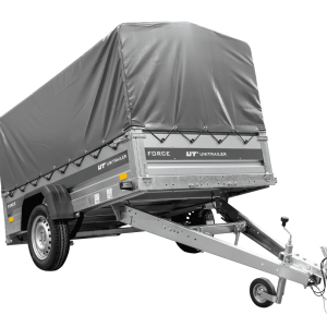 Anhänger mit Blattfedern 230×125 UNITRAILER FORCE 230/R KIPP ungebremst mit H-800 Spriegel und grauer Hochplane