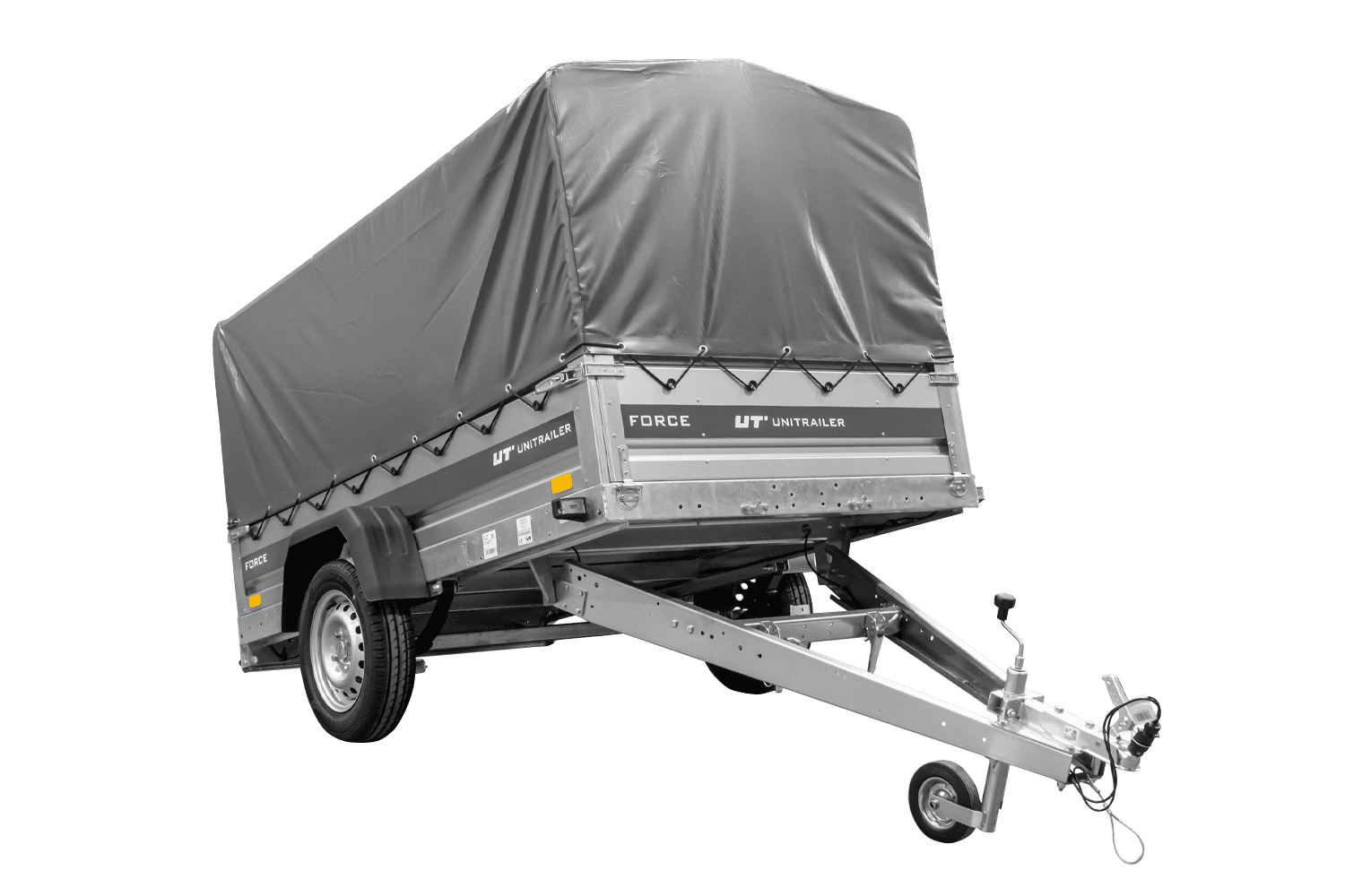 Anhänger mit Blattfedern 230×125 UNITRAILER FORCE 230/R KIPP ungebremst mit H-800 Spriegel und grauer Hochplane