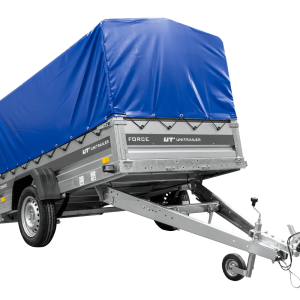 Anhänger mit Blattfedern 230×125 UNITRAILER FORCE 230/R KIPP mit H-800 Spriegel und blauer Hochplane