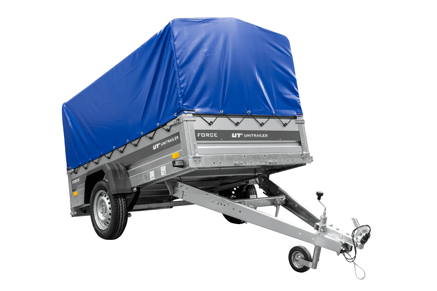 Anhänger mit Blattfedern 230×125 UNITRAILER FORCE 230/R KIPP mit H-800 Spriegel und blauer Hochplane