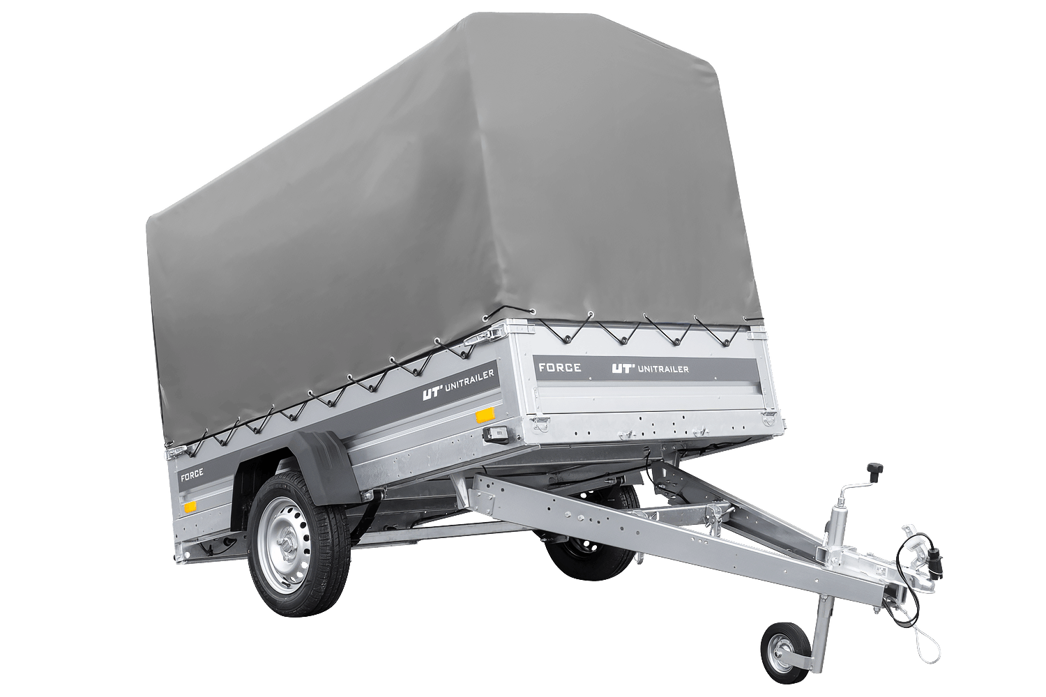 Anhänger mit Blattfedern 230×125 UNITRAILER FORCE 230/R KIPP mit H-1100 Spriegel und grauer Hochplane