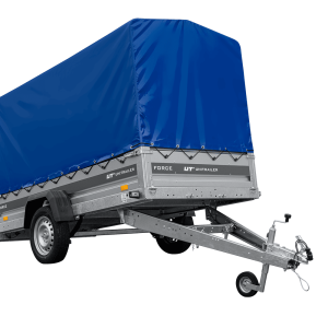 Einachsiger Anhänger mit Blattfedern 264×125 UNITRAILER FORCE 264/R KIPP mit H-1100 Spriegel und blauer Plane