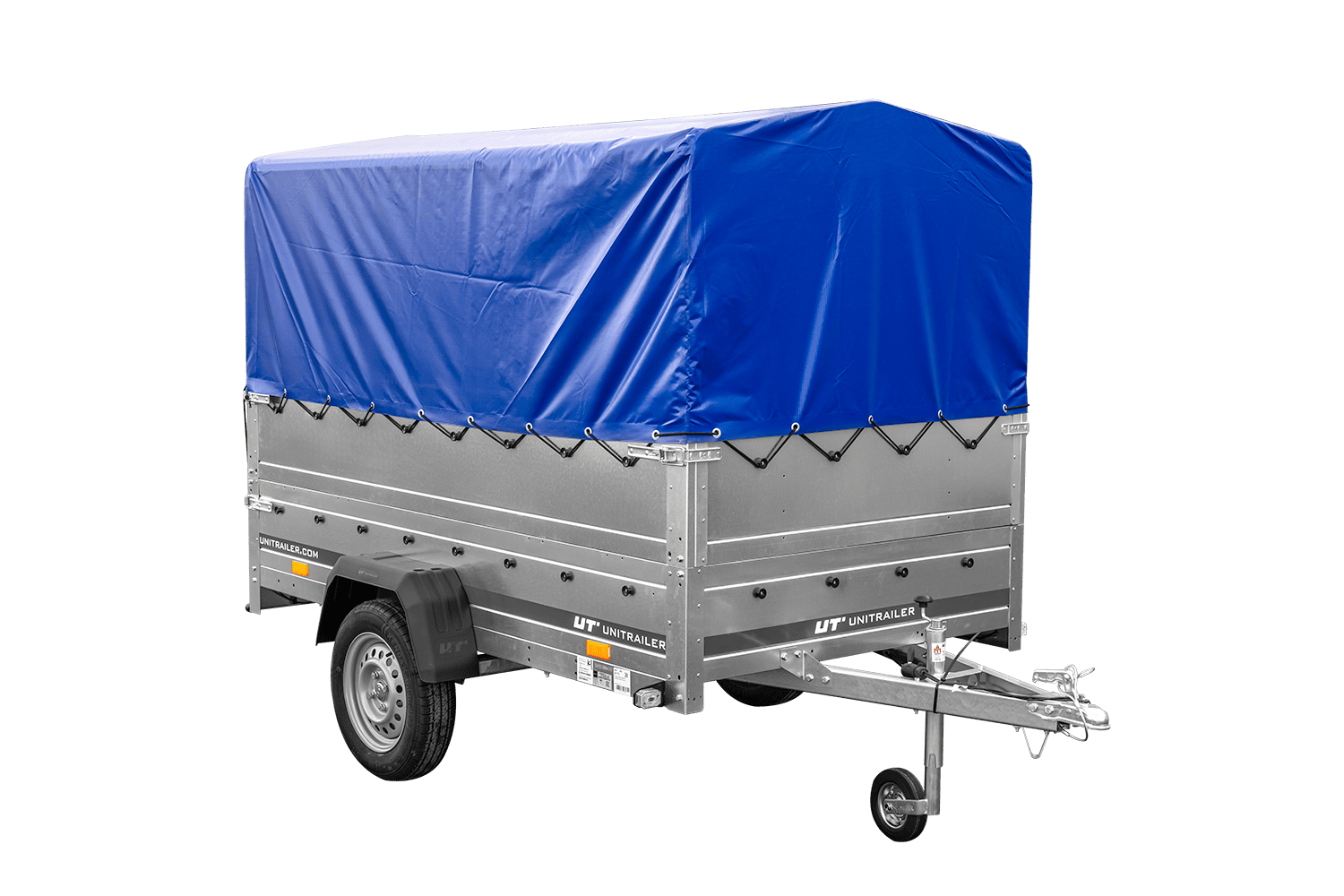 PKW-Anhänger 230×125 UNITRAILER GARDEN 230 FD mit BIS-Bordwänden, H-800-Gestell und blauer Plane