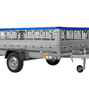 Leichter Anhänger auf Blattedern 264×150 UNITRAILER GARDEN 265/R KIPP mit Gitterwänden, H-0-Rahmen und blauer Plane