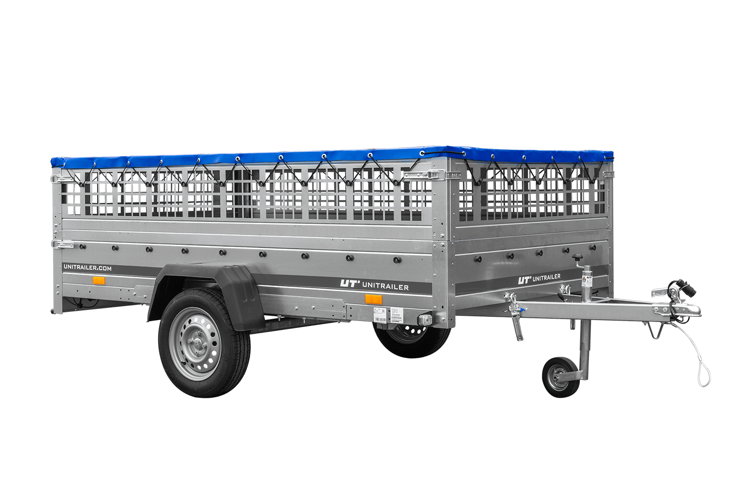 Leichter Anhänger auf Blattedern 264×150 UNITRAILER GARDEN 265/R KIPP mit Gitterwänden, H-0-Rahmen und blauer Plane