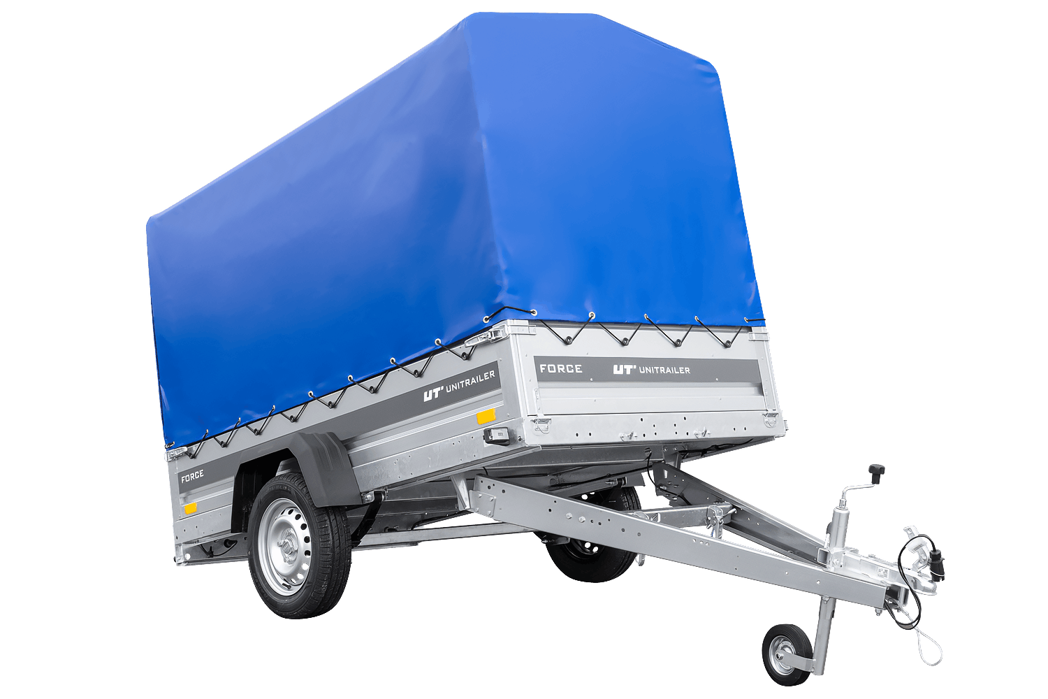 Autotransportanhänger auf Federn 230×125 UNITRAILER FORCE 230/R KIPP mit H-1100 Rahmen und blauer Plane