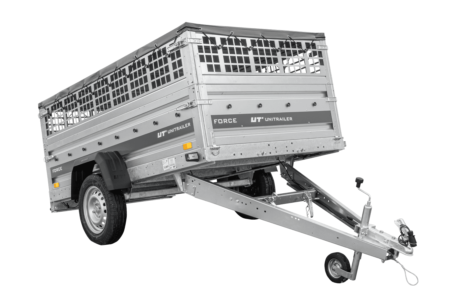 Einachsanhänger 230×125 UNITRAILER FORCE 230 KIPP mit Gitterwänden, H-0-Rahmen und grauer Plane
