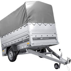 Einachsiger Federanhänger 230×125 UNITRAILER FORCE 230/R KIPP mit BIS-Seitenwänden, H-800-Rahmen und grauer Plane