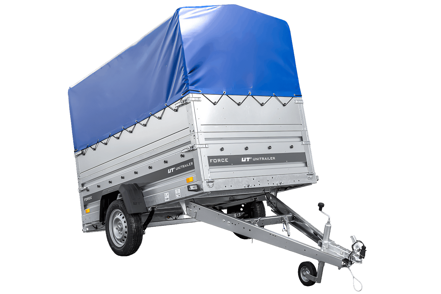UNITRAILER FORCE 230/R KIPP – Einachsanhänger 230×125 mit Blattfedern, BIS-Seitenwänden und blauer Plane